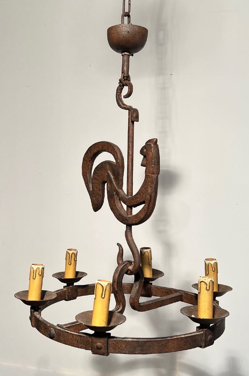 Wrought Iron Rooster Chandelier By Jean Touret For The Atelier Marolles-photo-5