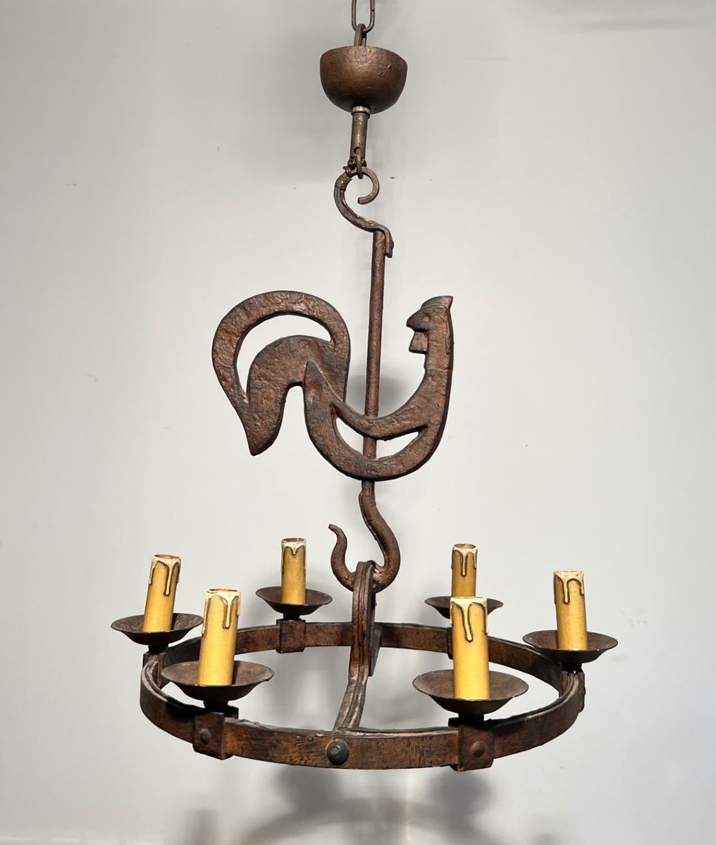 Wrought Iron Rooster Chandelier By Jean Touret For The Atelier Marolles-photo-6