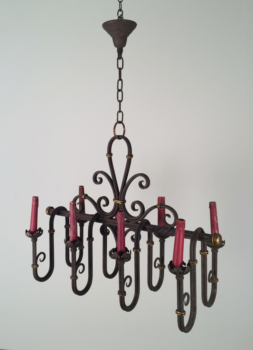 Lustre En Fer Forgé A 8  Lumières. Vers 1940.-photo-3