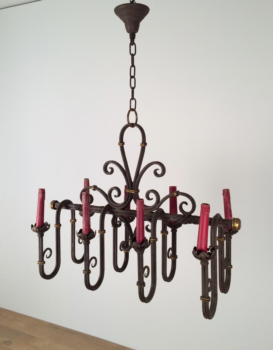 Lustre En Fer Forgé A 8  Lumières. Vers 1940.