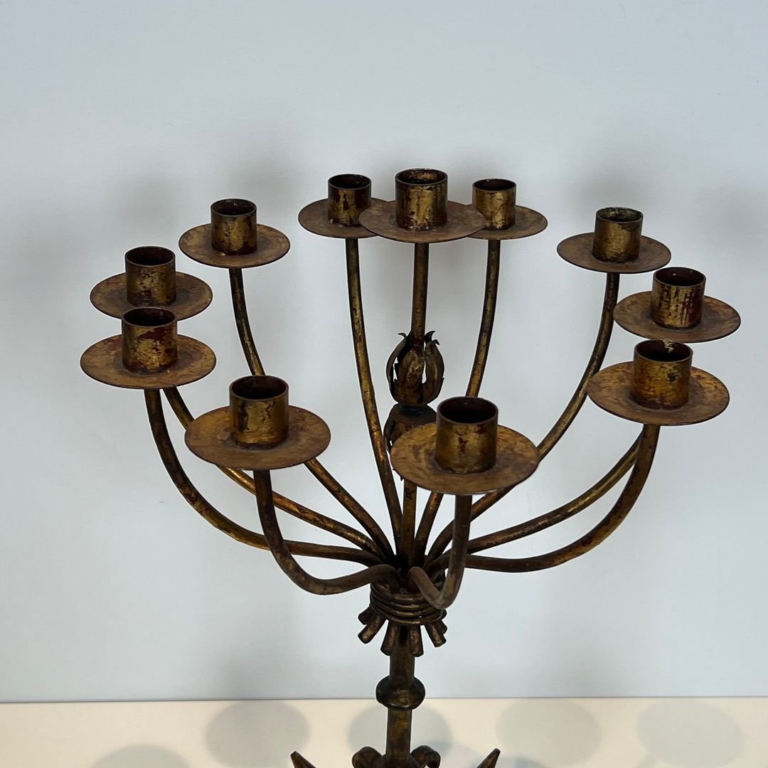 Important Bougeoir en Fer Forgé Doré à 11 Bras de Lumière-photo-3