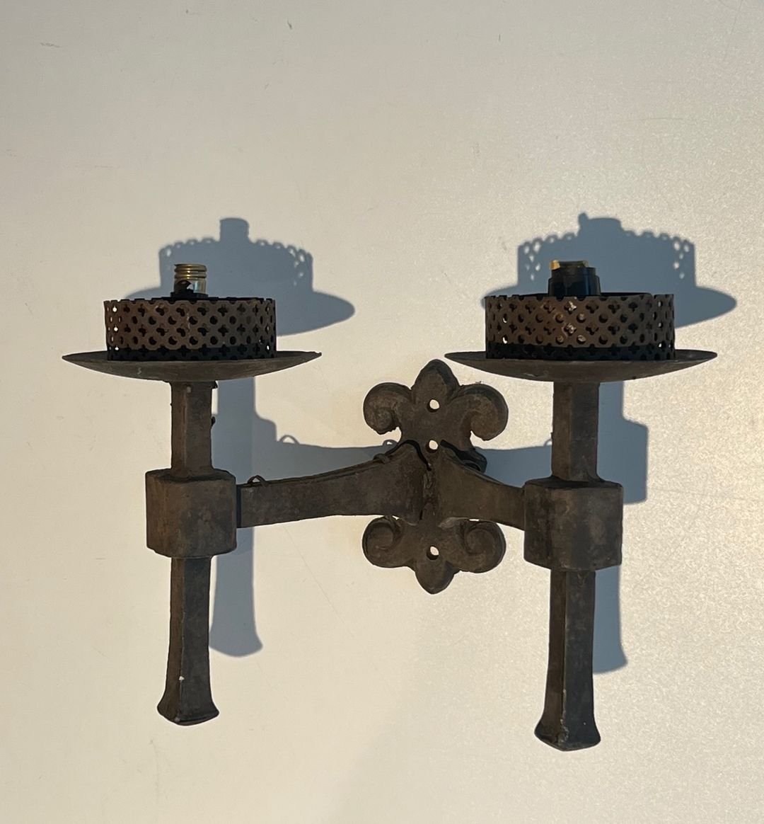 Paire d'Appliques en Fer Forgé à 2 Bras de Lumière de Style Gothique-photo-3