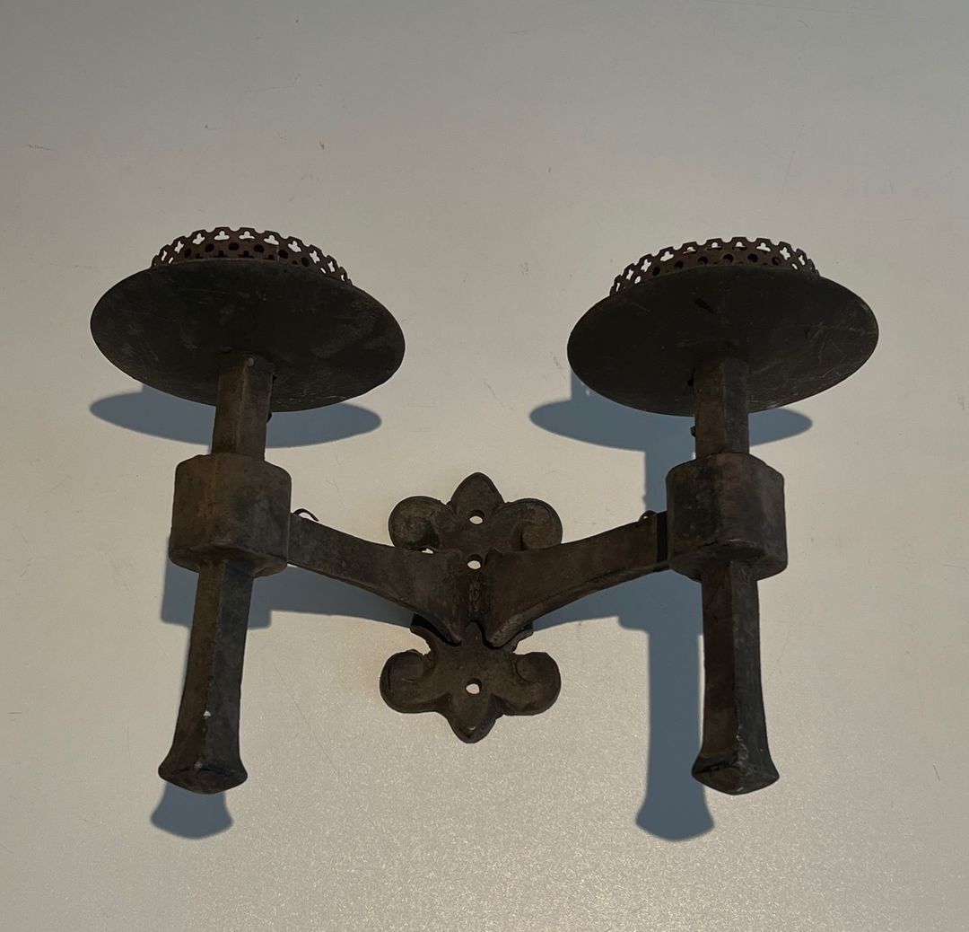Paire d'Appliques en Fer Forgé à 2 Bras de Lumière de Style Gothique-photo-4