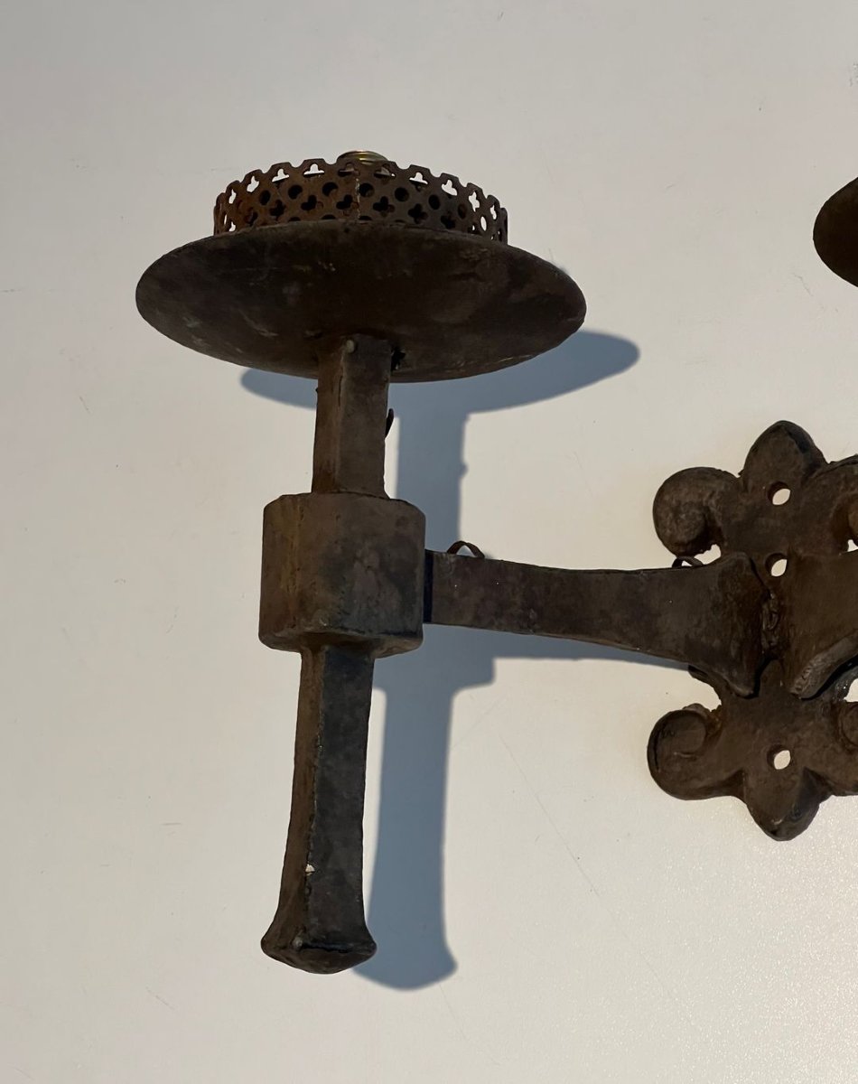 Paire d'Appliques en Fer Forgé à 2 Bras de Lumière de Style Gothique-photo-3