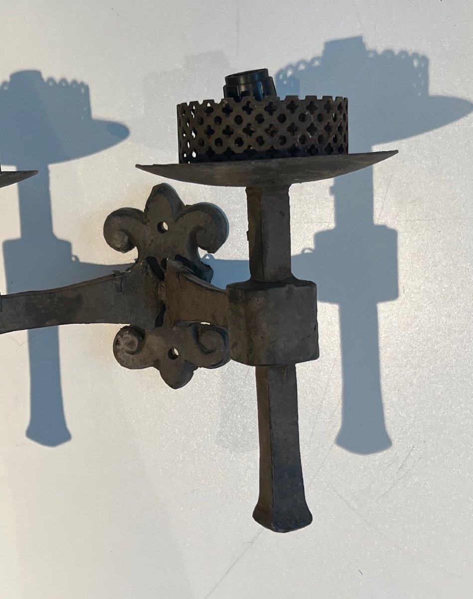 Paire d'Appliques en Fer Forgé à 2 Bras de Lumière de Style Gothique-photo-5