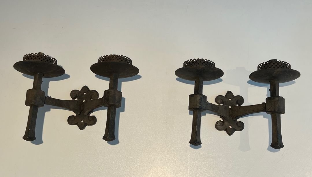Paire d'Appliques en Fer Forgé à 2 Bras de Lumière de Style Gothique-photo-7