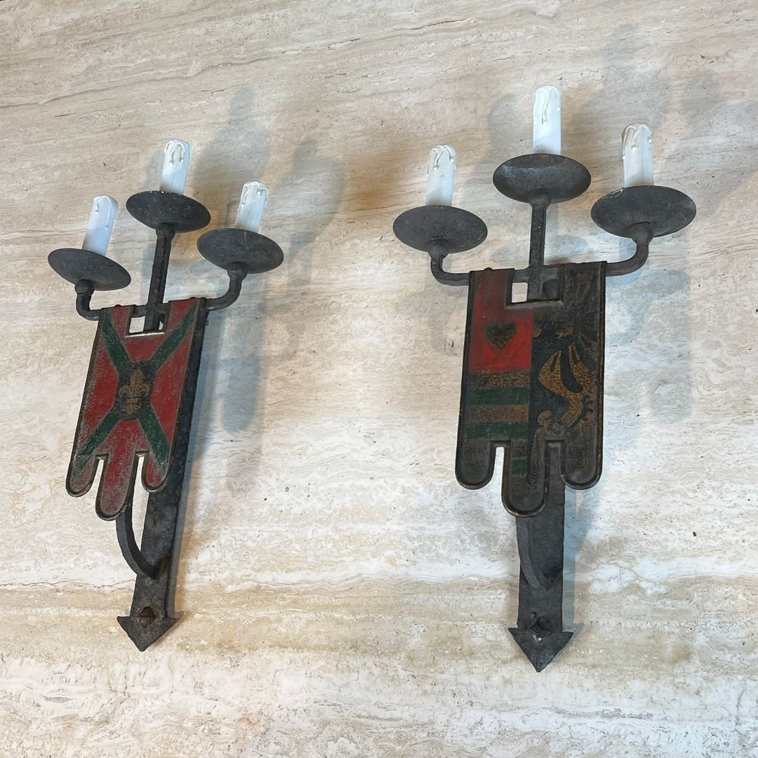 Importante Paire d'Appliques en Fer Forgé à 3 Bras de Lumière de Style Gothique-photo-3