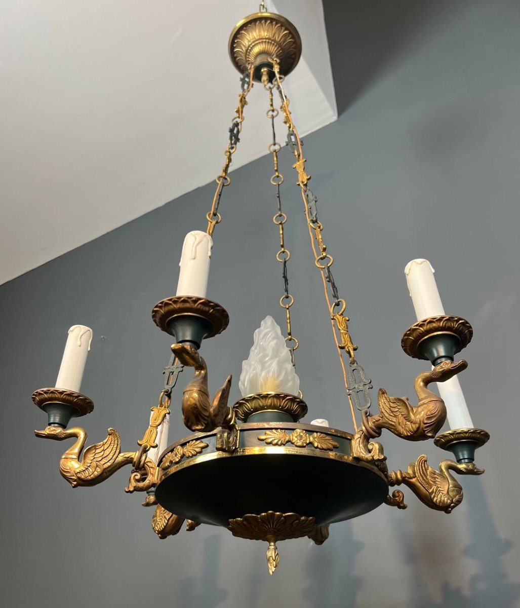 Empire Style Chandelier In Bronze, Green Sheet Metal And Molded Glass Flame-photo-3