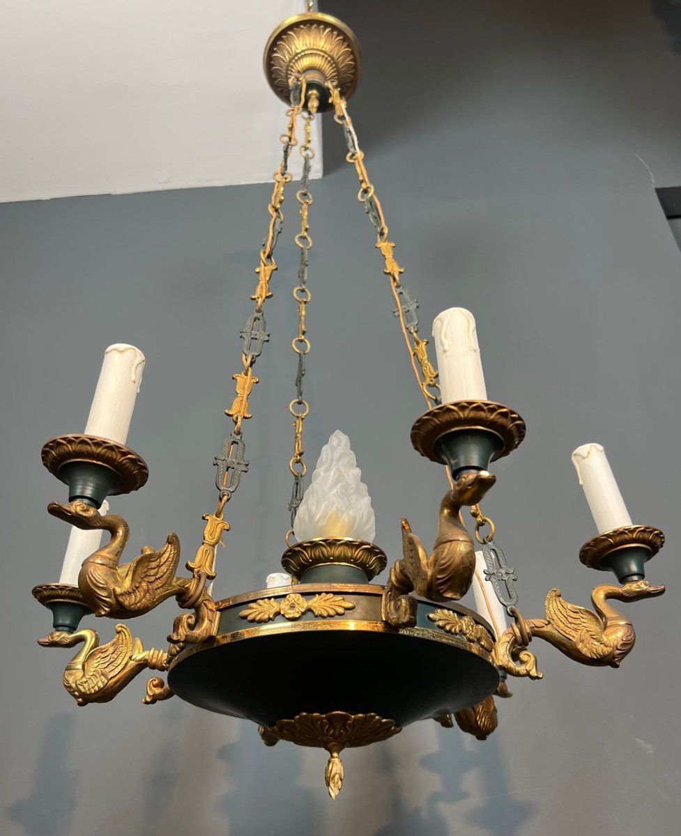 Empire Style Chandelier In Bronze, Green Sheet Metal And Molded Glass Flame-photo-4