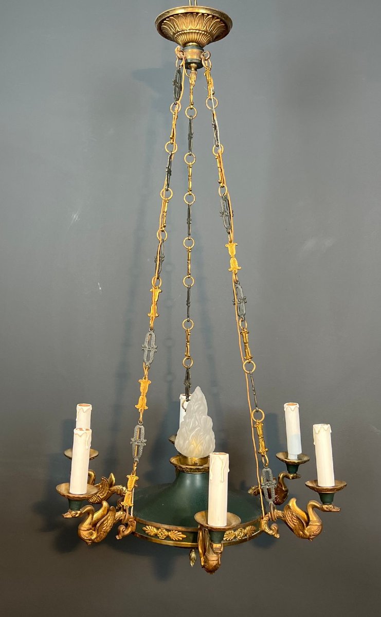 Empire Style Chandelier In Bronze, Green Sheet Metal And Molded Glass Flame-photo-1