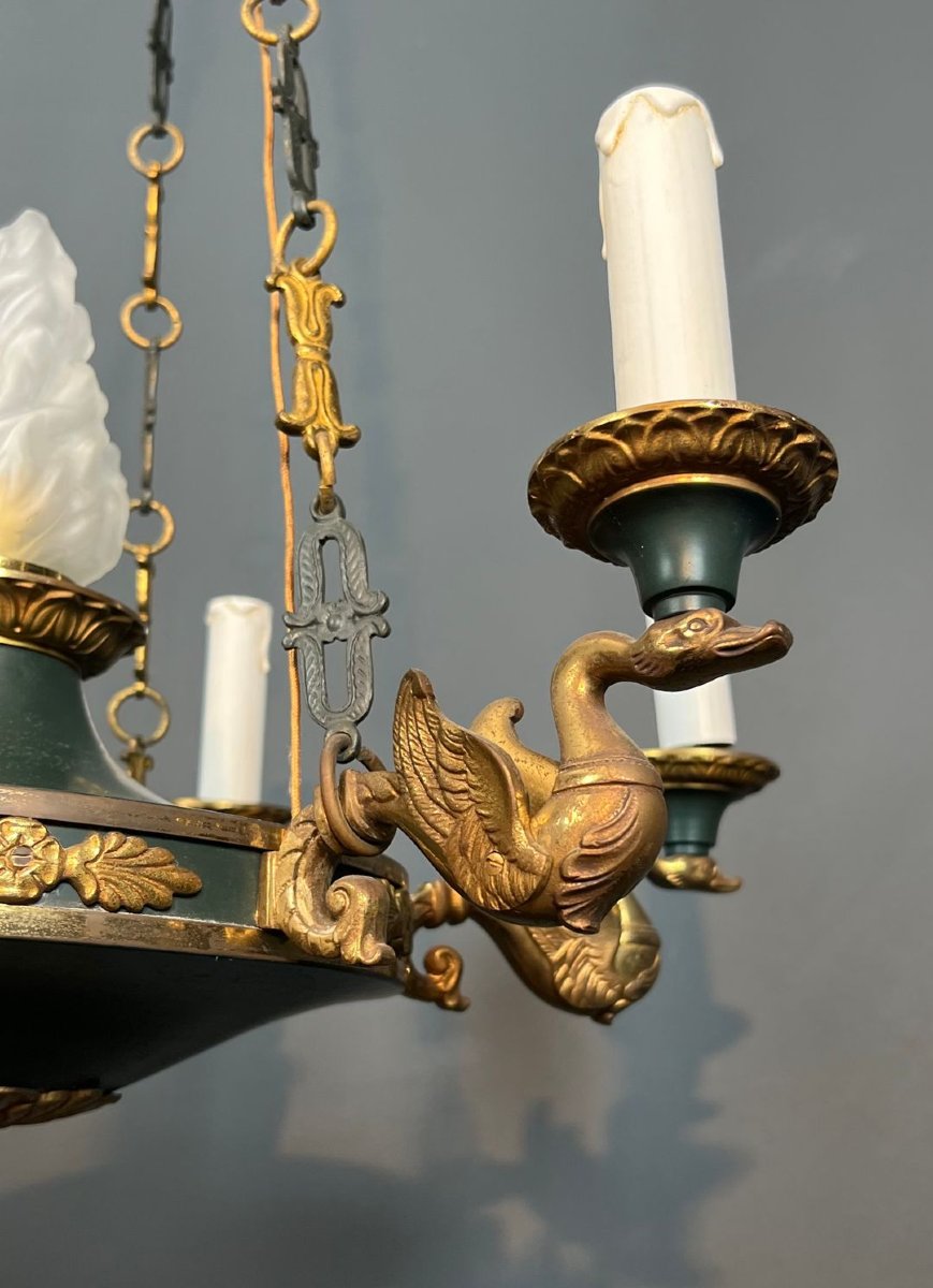 Empire Style Chandelier In Bronze, Green Sheet Metal And Molded Glass Flame-photo-6