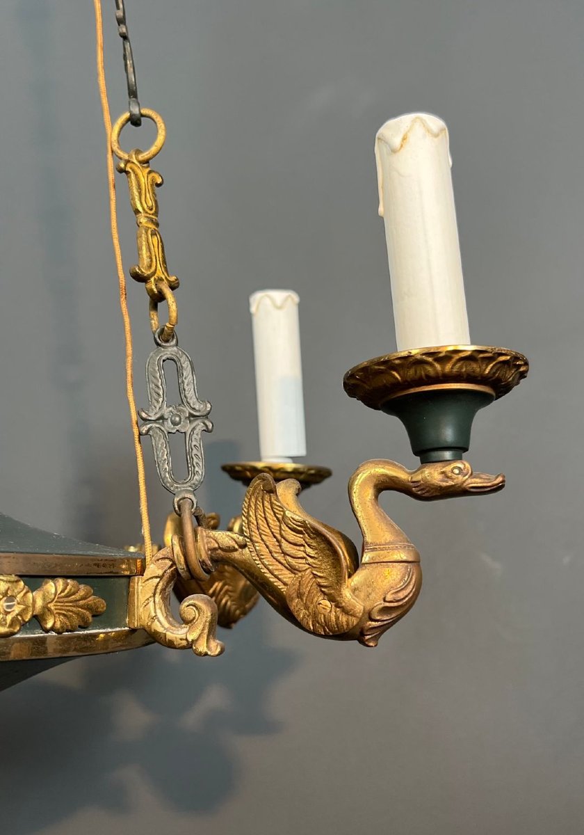 Empire Style Chandelier In Bronze, Green Sheet Metal And Molded Glass Flame-photo-7