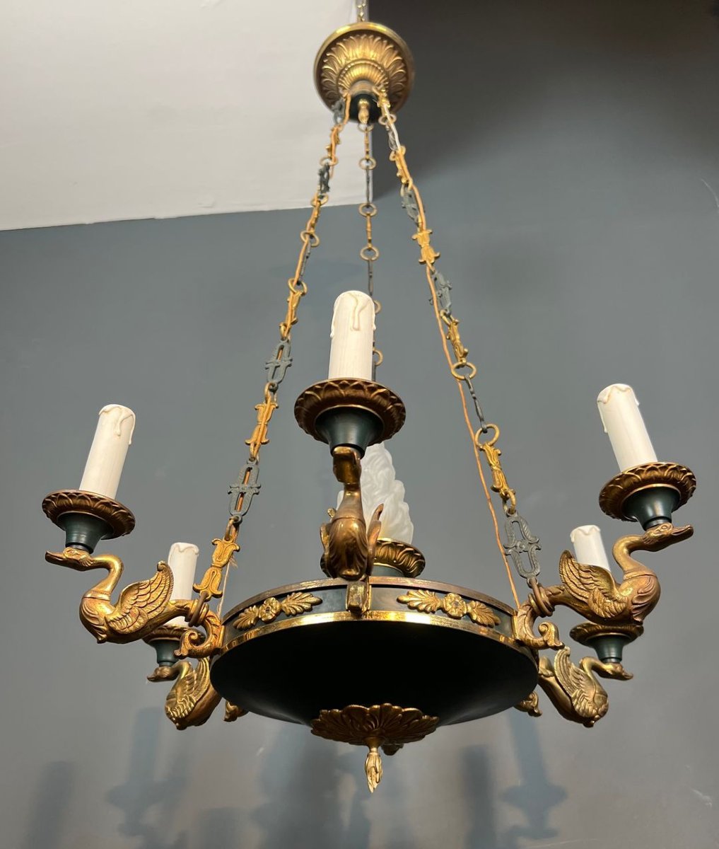 Empire Style Chandelier In Bronze, Green Sheet Metal And Molded Glass Flame-photo-8