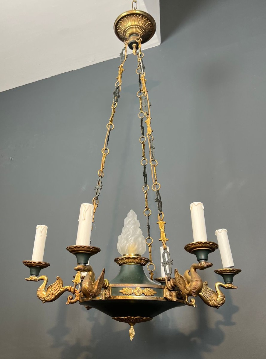 Empire Style Chandelier In Bronze, Green Sheet Metal And Molded Glass Flame