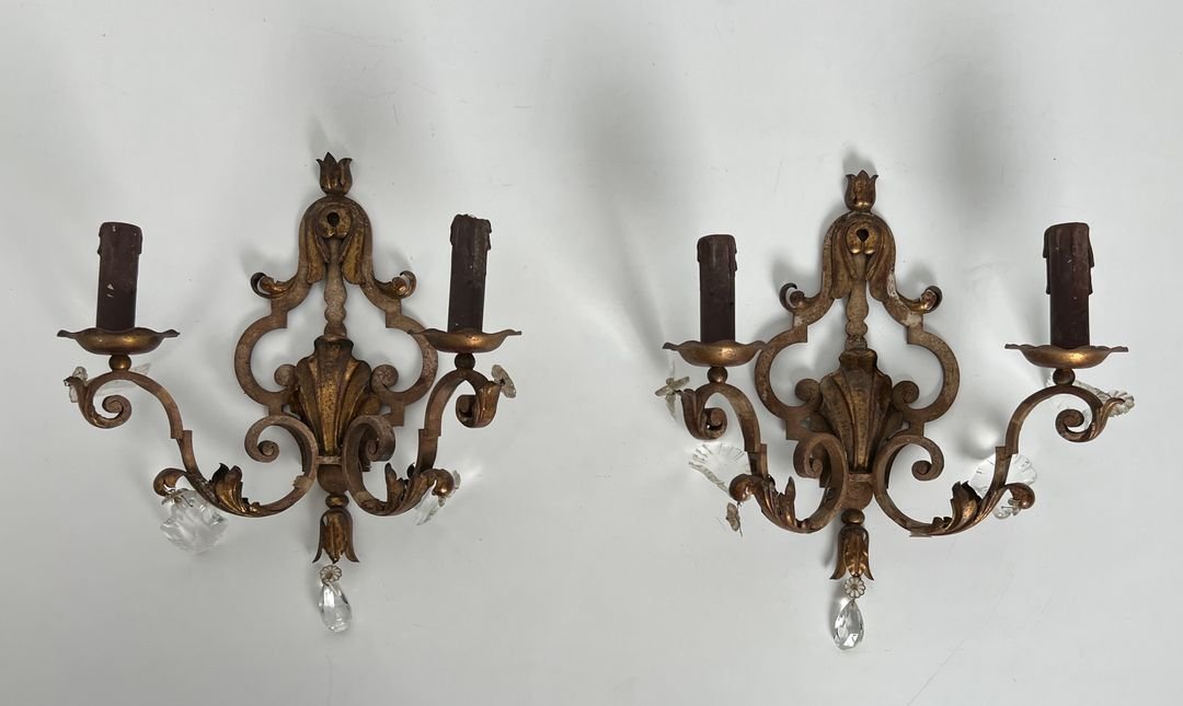 Paire d'Appliques en Fer Forgé Patiné à Feuilles d'Acanthes Dorées et Cristaux-photo-2