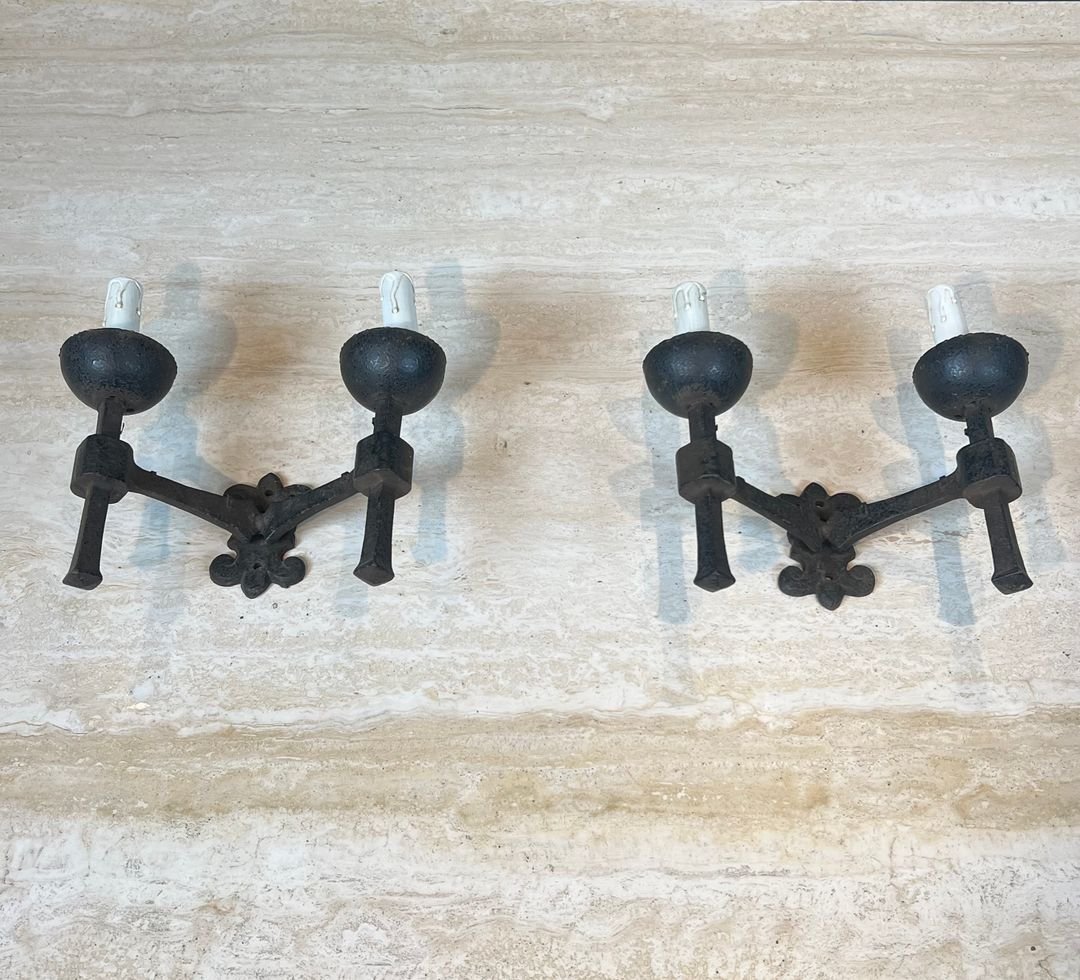 Pair Of Gothic Style Wrought Iron Wall Lights With 2 Arms-photo-2