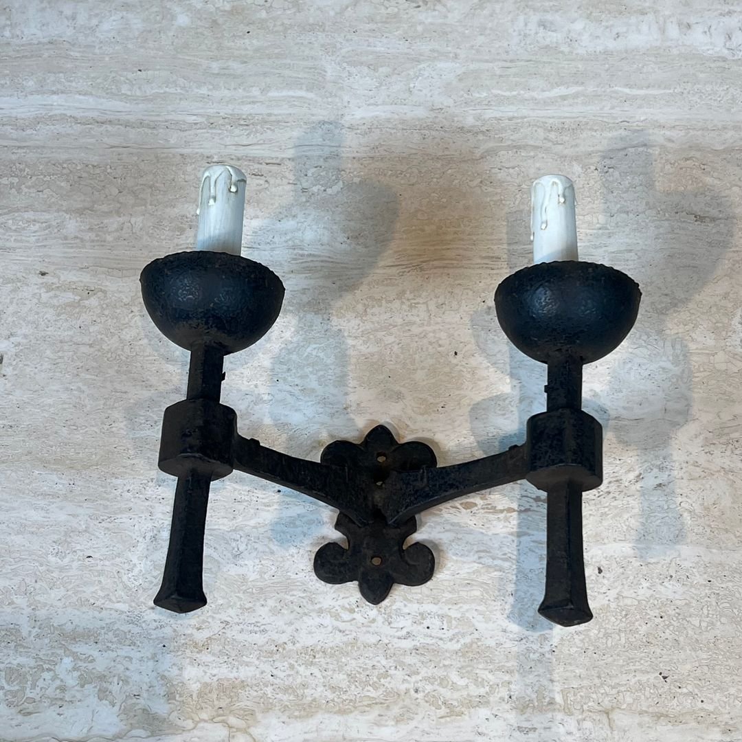 Pair Of Gothic Style Wrought Iron Wall Lights With 2 Arms-photo-4