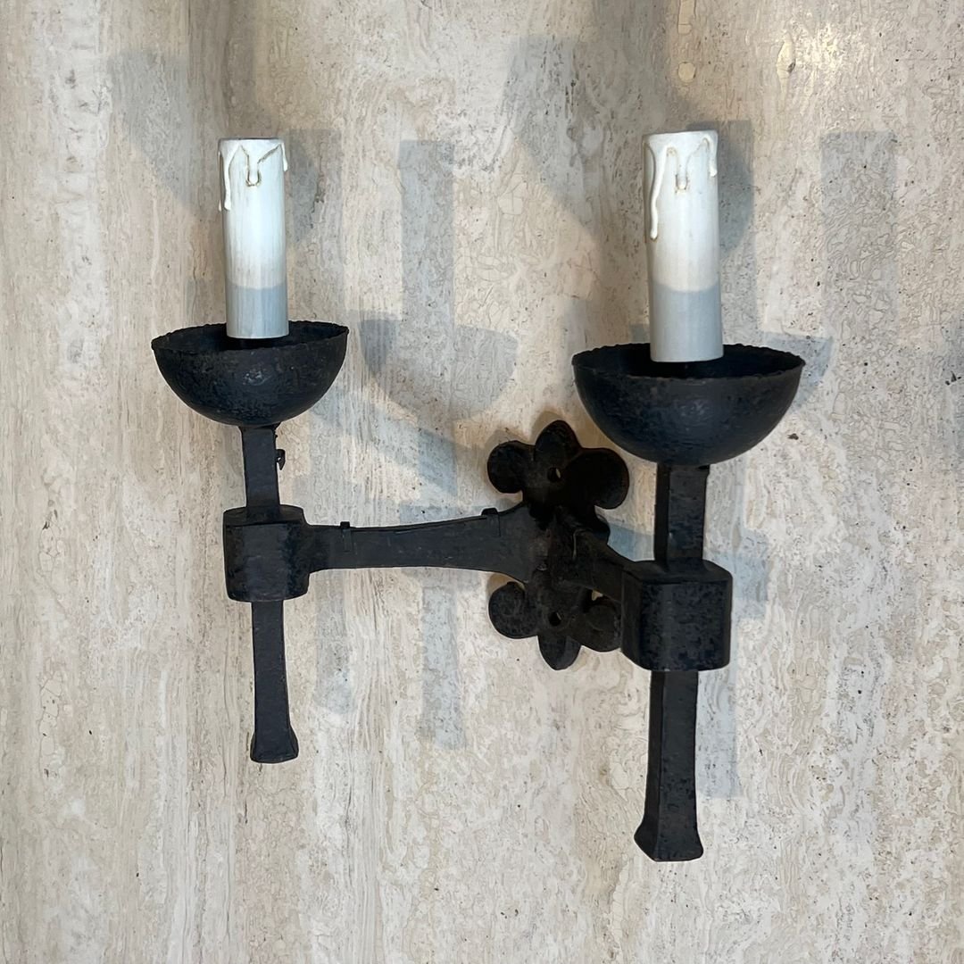 Pair Of Gothic Style Wrought Iron Wall Lights With 2 Arms-photo-1