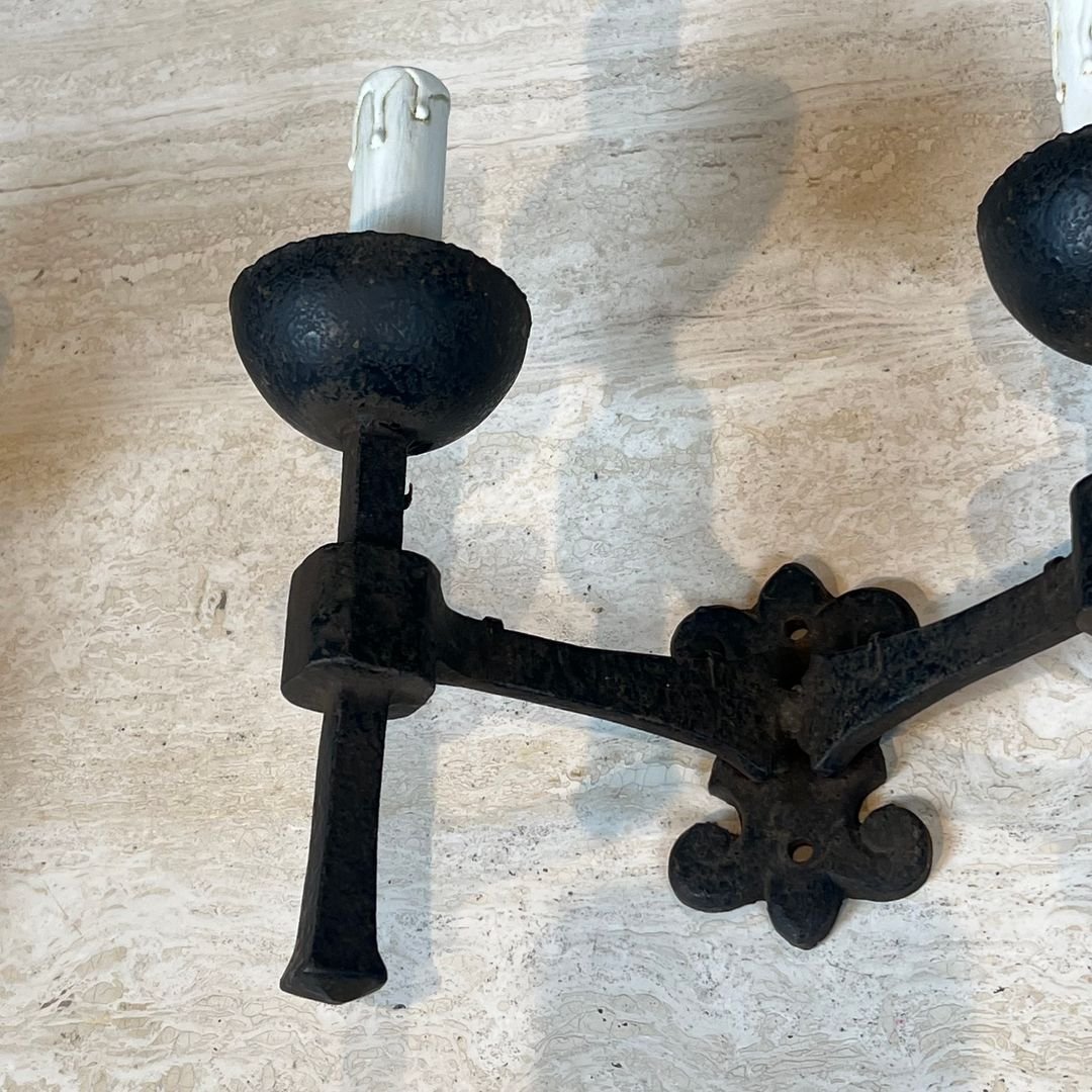 Pair Of Gothic Style Wrought Iron Wall Lights With 2 Arms-photo-2