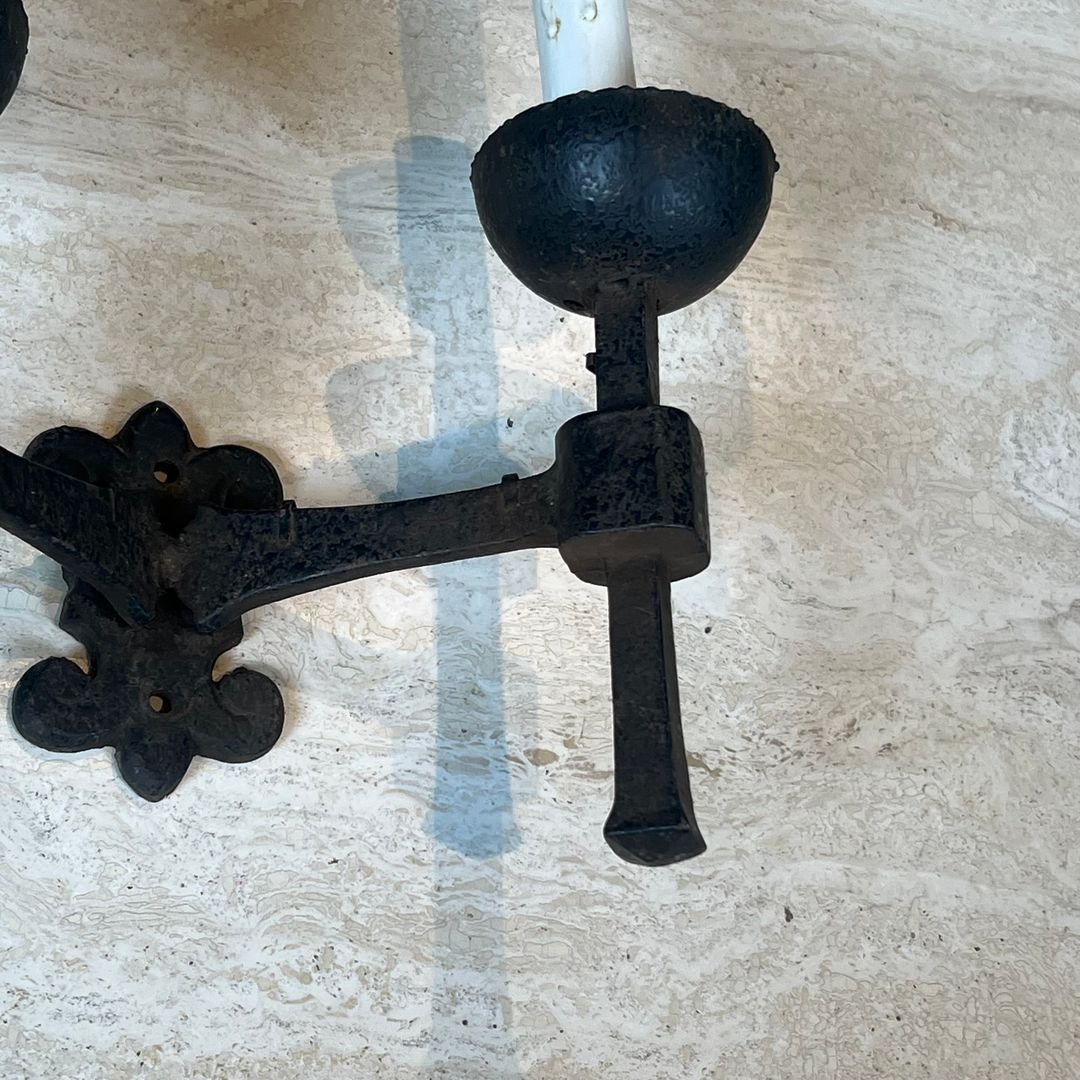 Pair Of Gothic Style Wrought Iron Wall Lights With 2 Arms-photo-5