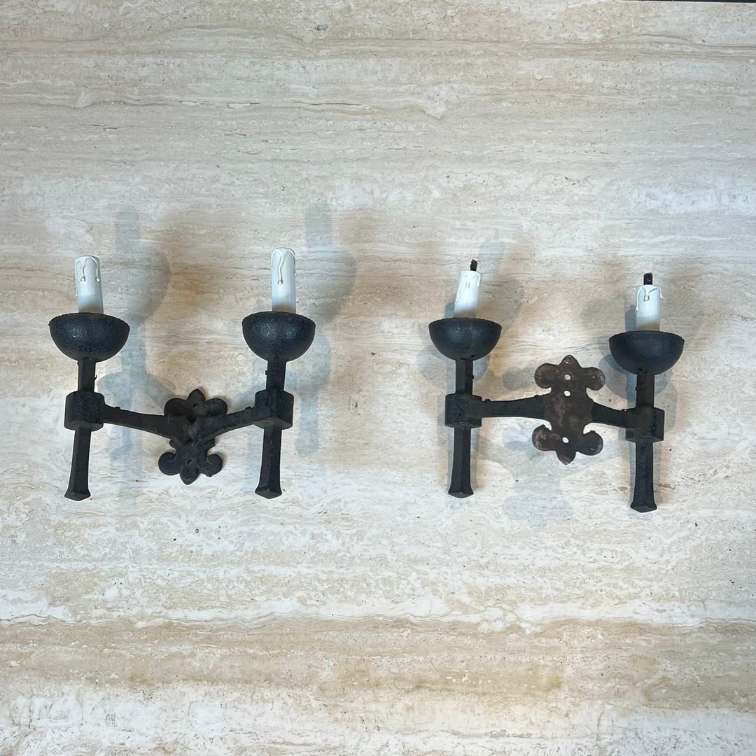 Pair Of Gothic Style Wrought Iron Wall Lights With 2 Arms-photo-6