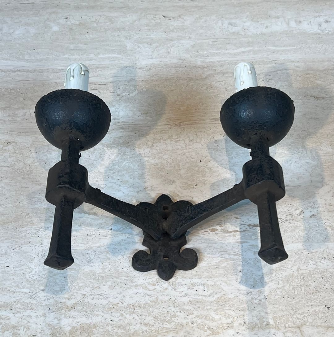 Pair Of Gothic Style Wrought Iron Wall Lights With 2 Arms-photo-8