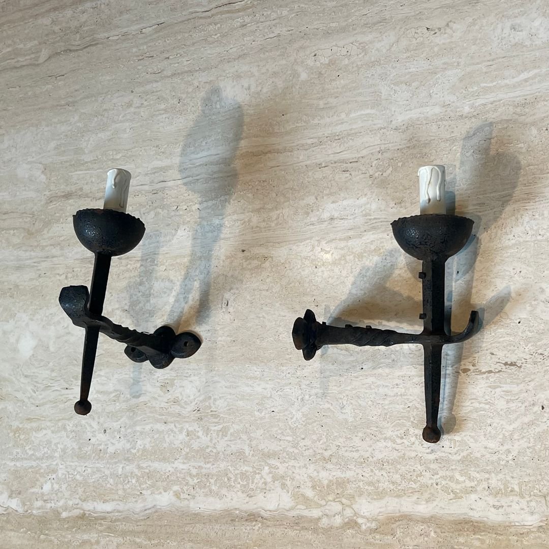 Paire d'Appliques en Fer Forgé de Style Gothique-photo-1
