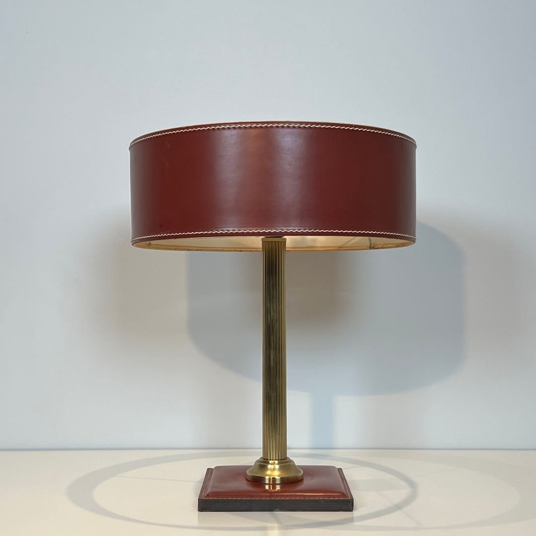 Lampe de Bureau en Cuir Rouge et Laiton dans le Goût de Jacques Adnet-photo-1