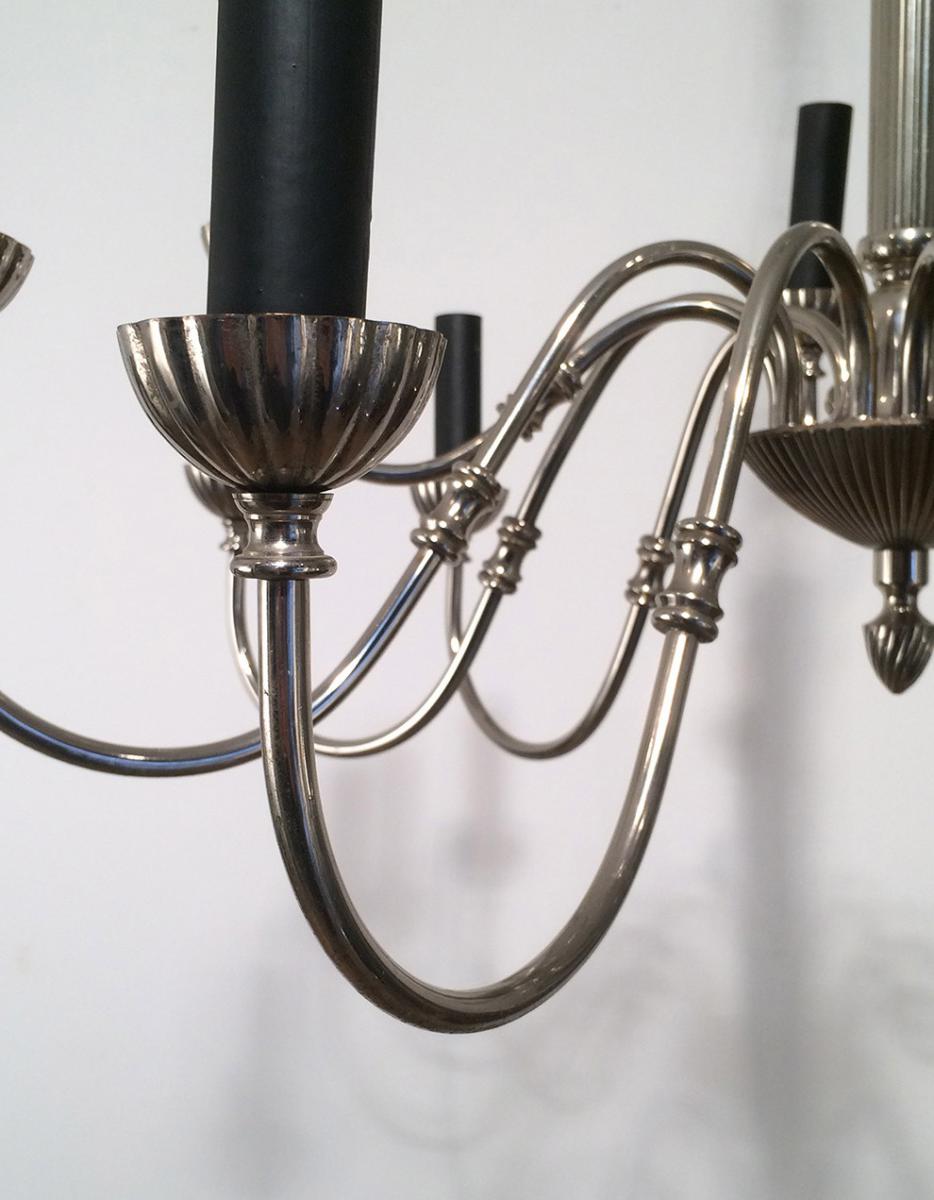 Neoclassical Style Silvered Metal Chandelier With 12 Lights . French. Circa 1940-photo-3