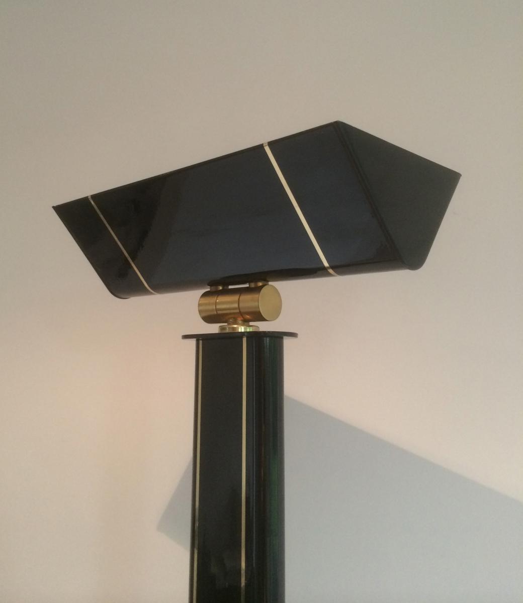 Parquet Floor Lamp Black Lacquered And Brass. Around 1970-photo-3