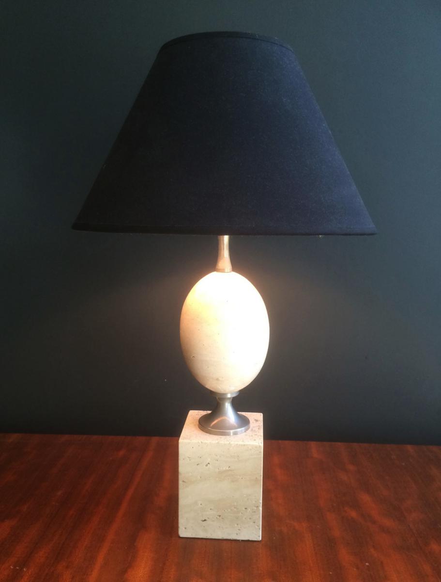 Hilippe Barbier. Lamp And Travertine Chrome. Around 1970-photo-3