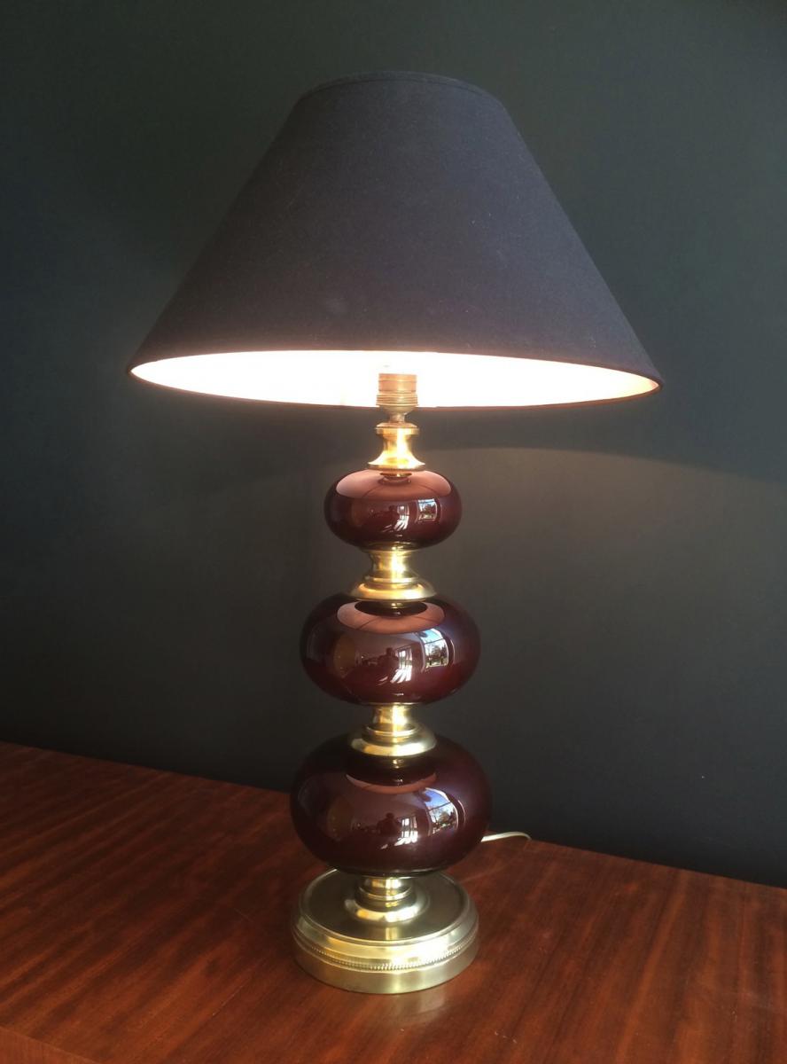 Lamp Brass And Glass Colour Red. Around 1960-photo-3