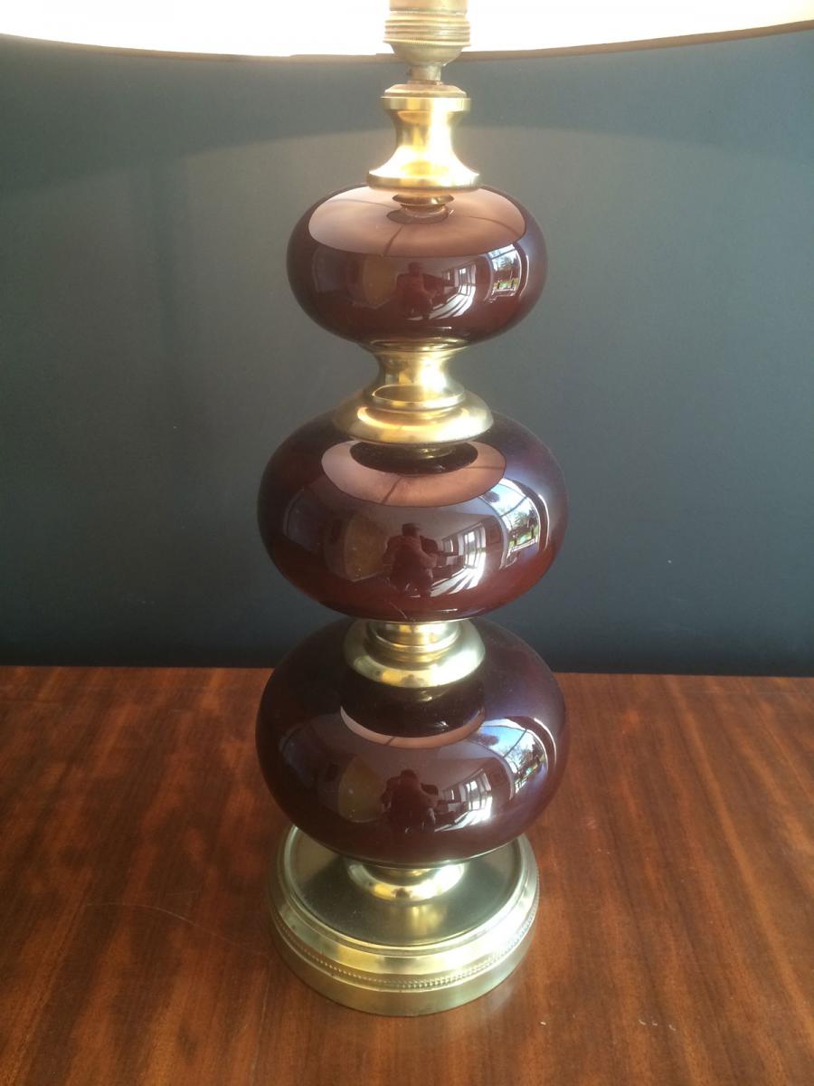 Lamp Brass And Glass Colour Red. Around 1960-photo-4