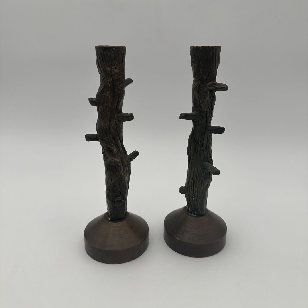 Paire de bougeoir en bronze imitation bois vers 1970-photo-3