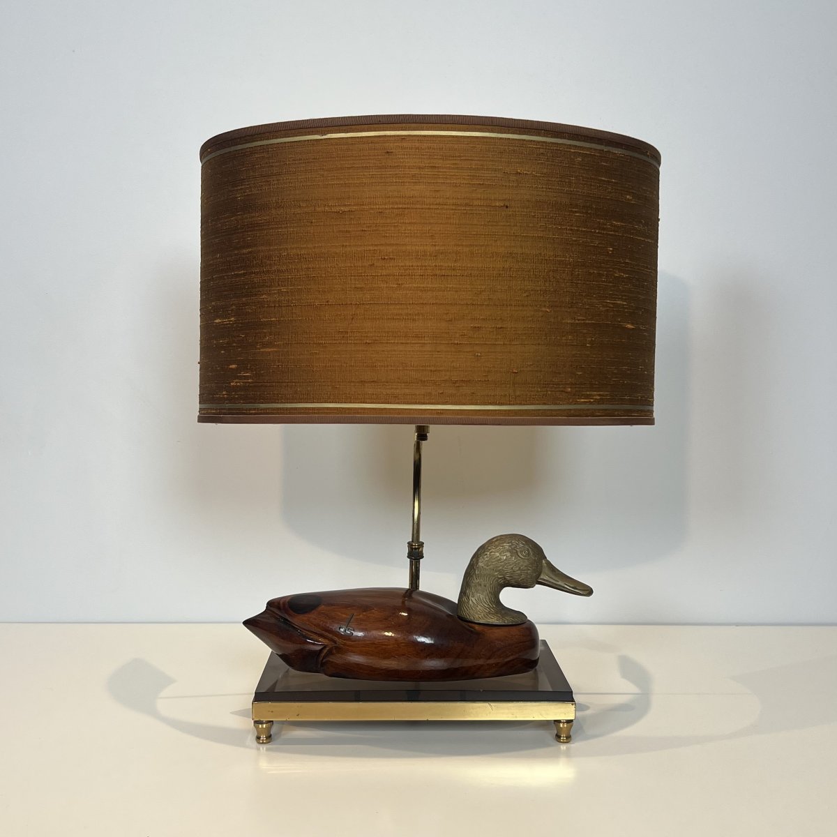 Lampe Canard en Bois Teinté et Métal Argenté sur Support en Laiton et Verre Signée De Stijl-photo-2
