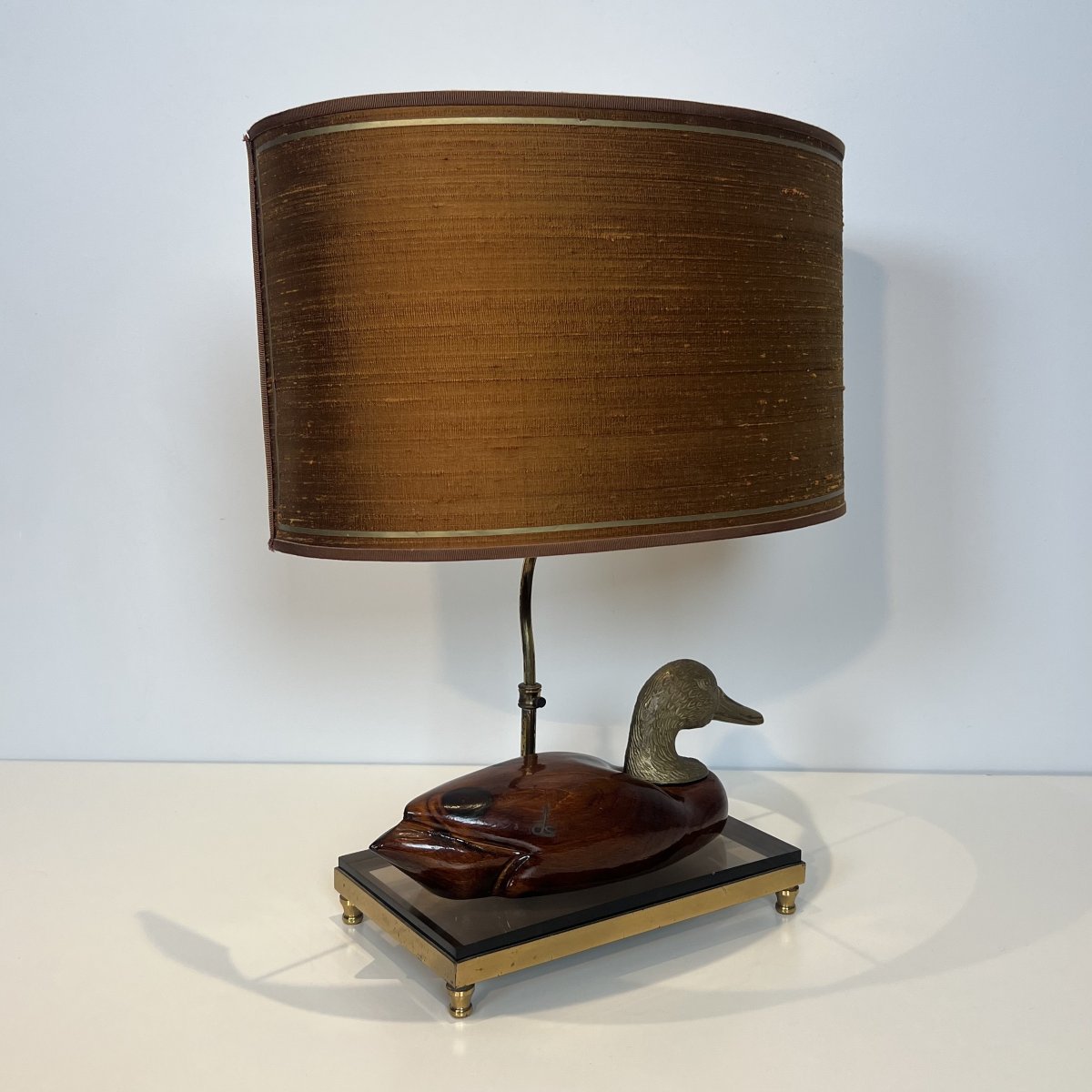 Lampe Canard en Bois Teinté et Métal Argenté sur Support en Laiton et Verre Signée De Stijl-photo-3