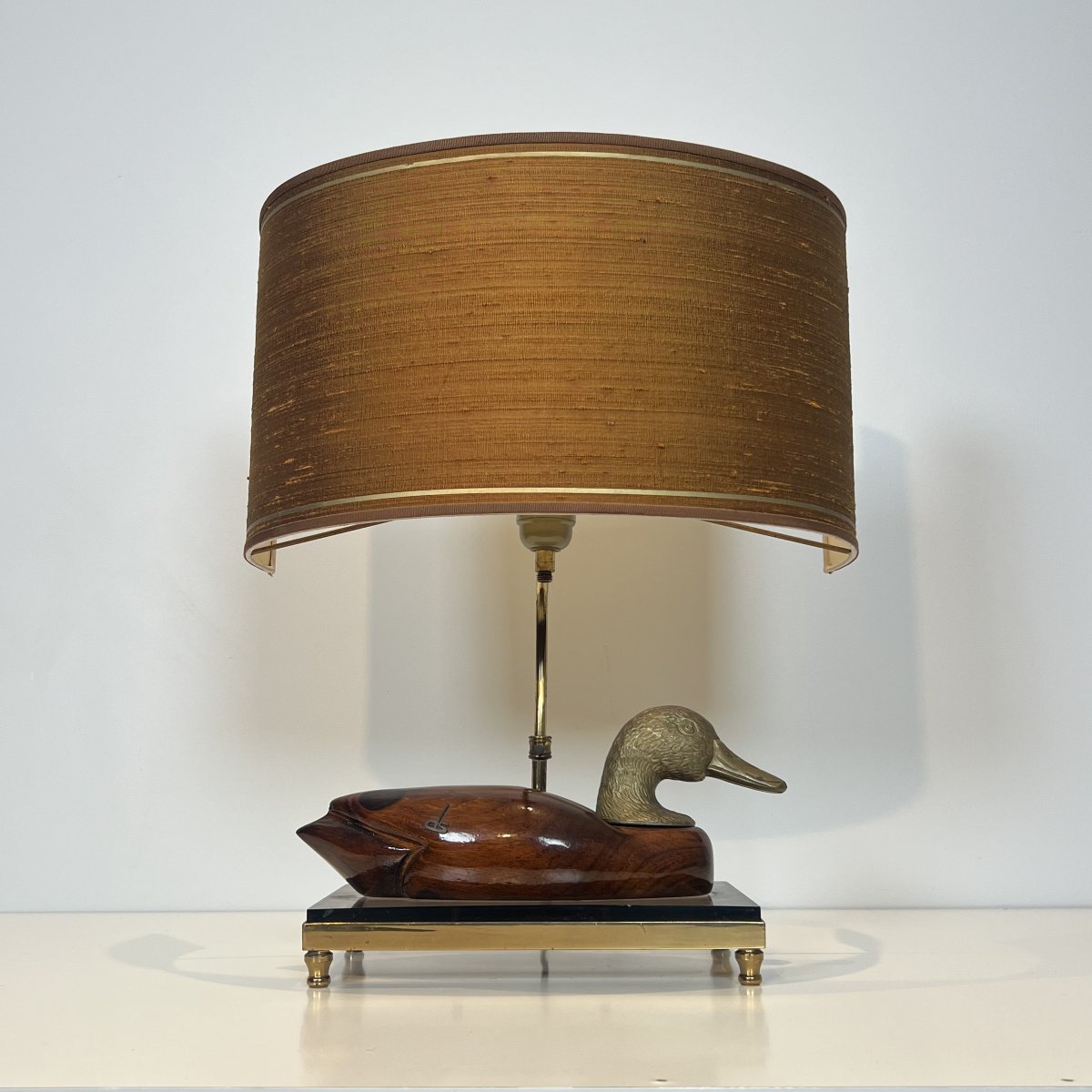 Lampe Canard en Bois Teinté et Métal Argenté sur Support en Laiton et Verre Signée De Stijl-photo-1