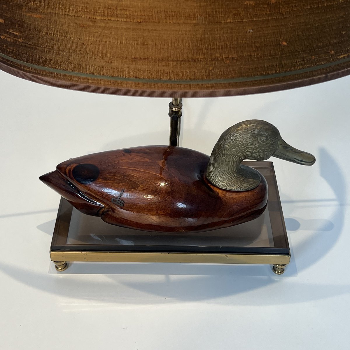 Lampe Canard en Bois Teinté et Métal Argenté sur Support en Laiton et Verre Signée De Stijl-photo-2