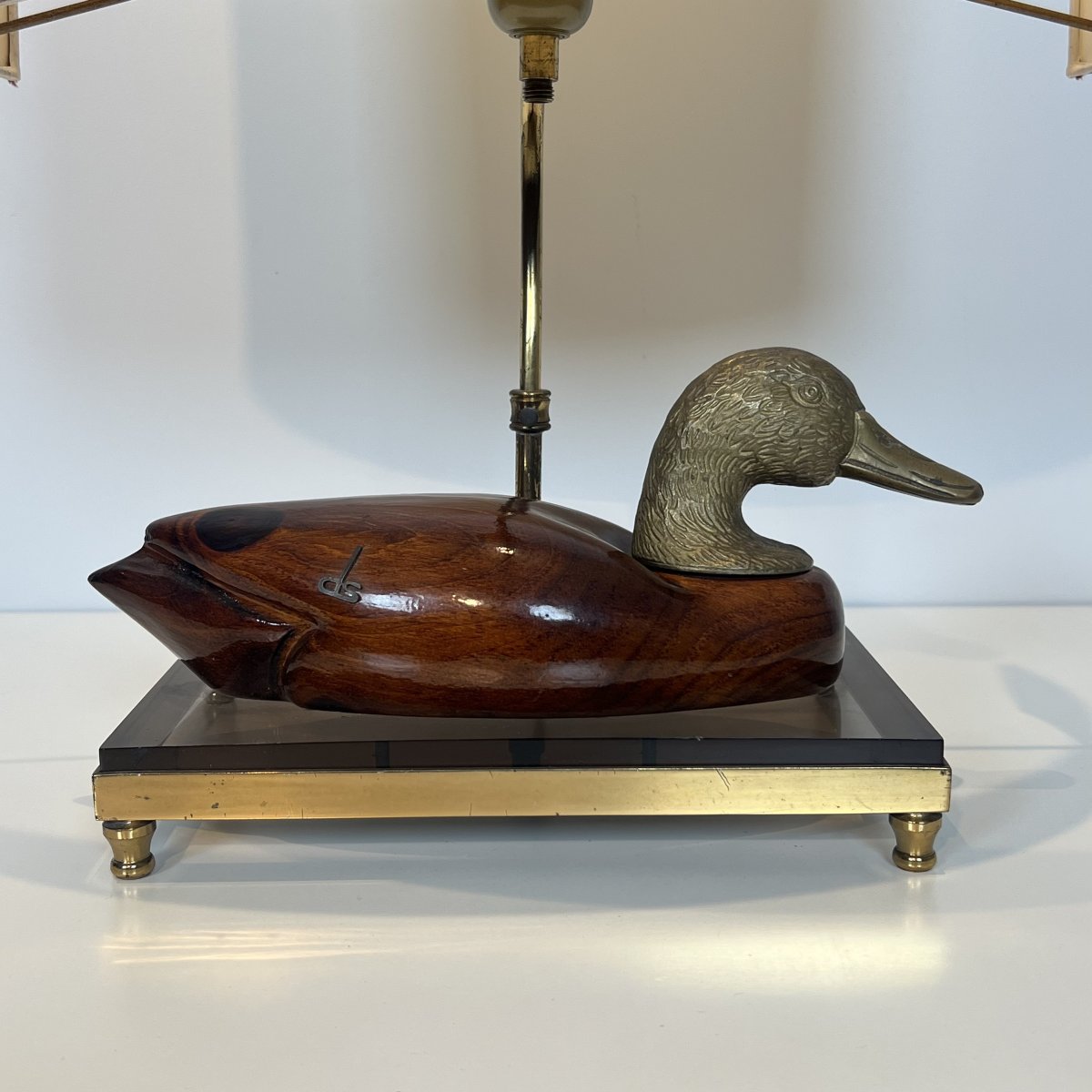 Lampe Canard en Bois Teinté et Métal Argenté sur Support en Laiton et Verre Signée De Stijl-photo-3