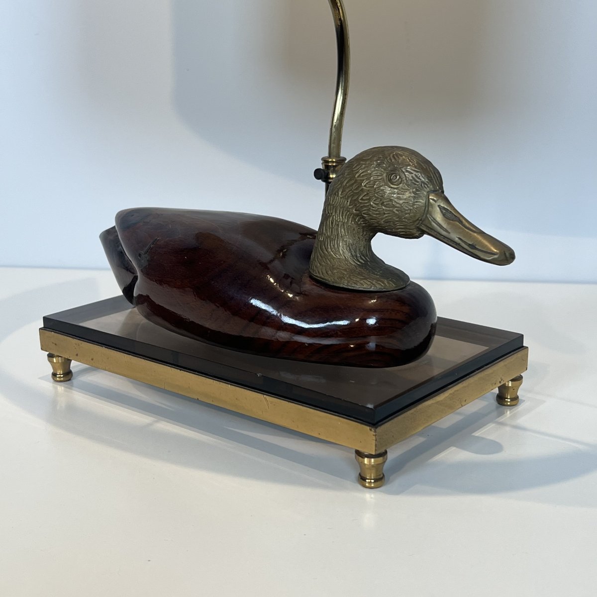 Lampe Canard en Bois Teinté et Métal Argenté sur Support en Laiton et Verre Signée De Stijl-photo-4