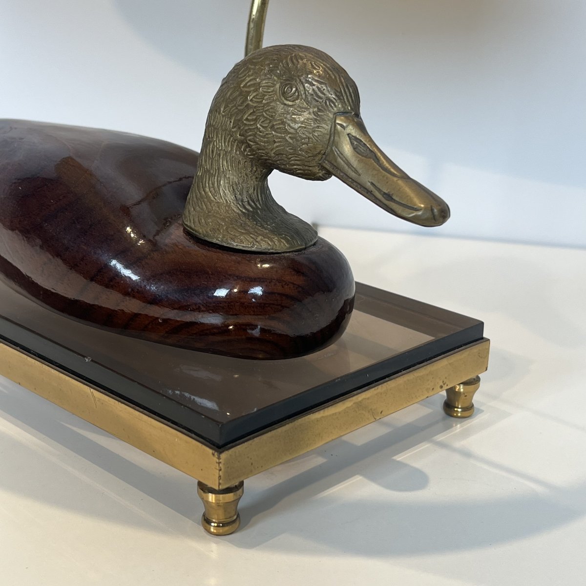 Lampe Canard en Bois Teinté et Métal Argenté sur Support en Laiton et Verre Signée De Stijl-photo-5