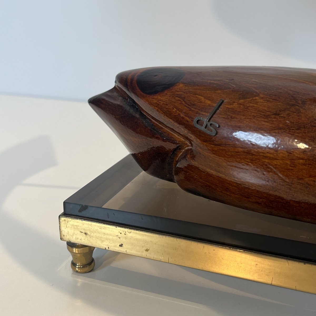 Lampe Canard en Bois Teinté et Métal Argenté sur Support en Laiton et Verre Signée De Stijl-photo-6
