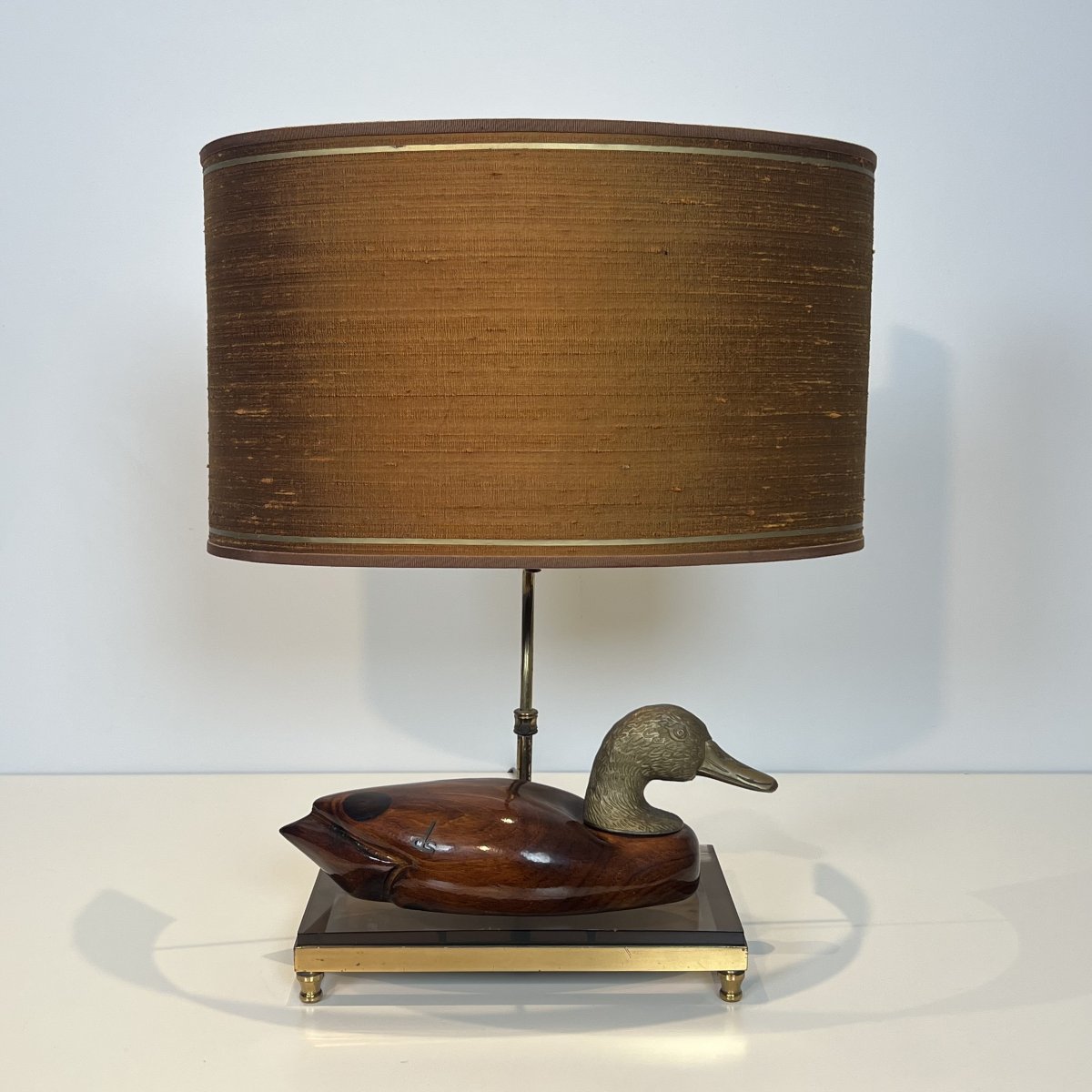 Lampe Canard en Bois Teinté et Métal Argenté sur Support en Laiton et Verre Signée De Stijl-photo-8