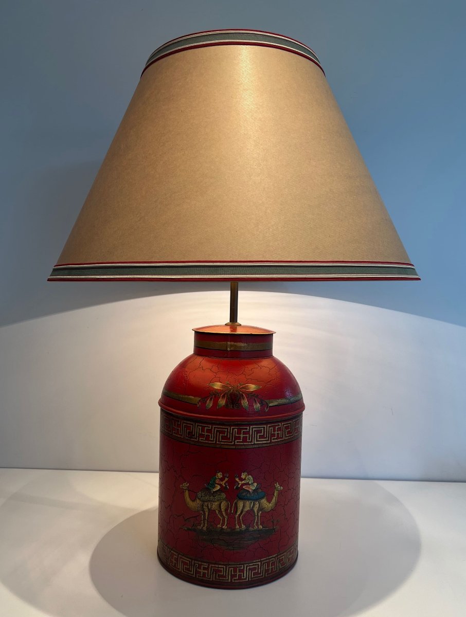 Red Painted Tole Lamp With Chinoiserie Decor, 20th Century.-photo-2