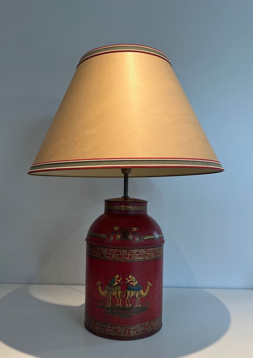 Red Painted Tole Lamp With Chinoiserie Decor, 20th Century.-photo-3