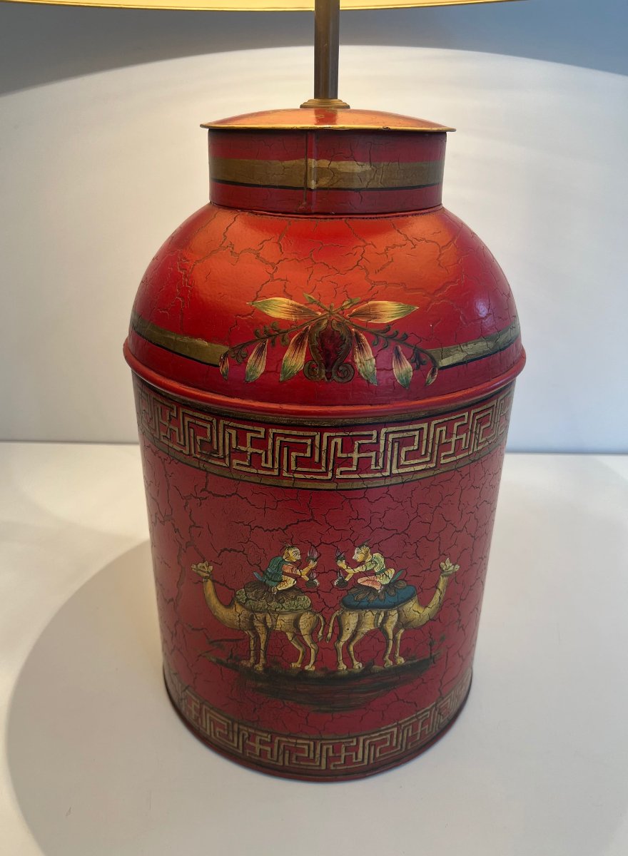 Red Painted Tole Lamp With Chinoiserie Decor, 20th Century.-photo-4