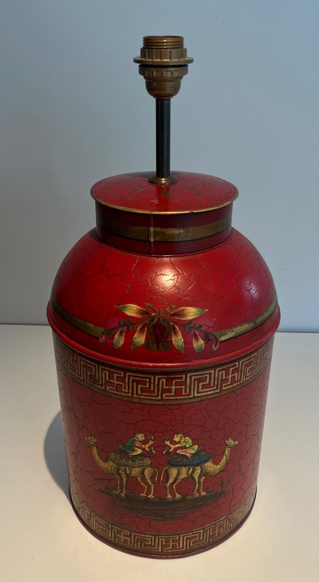 Red Painted Tole Lamp With Chinoiserie Decor, 20th Century.-photo-2