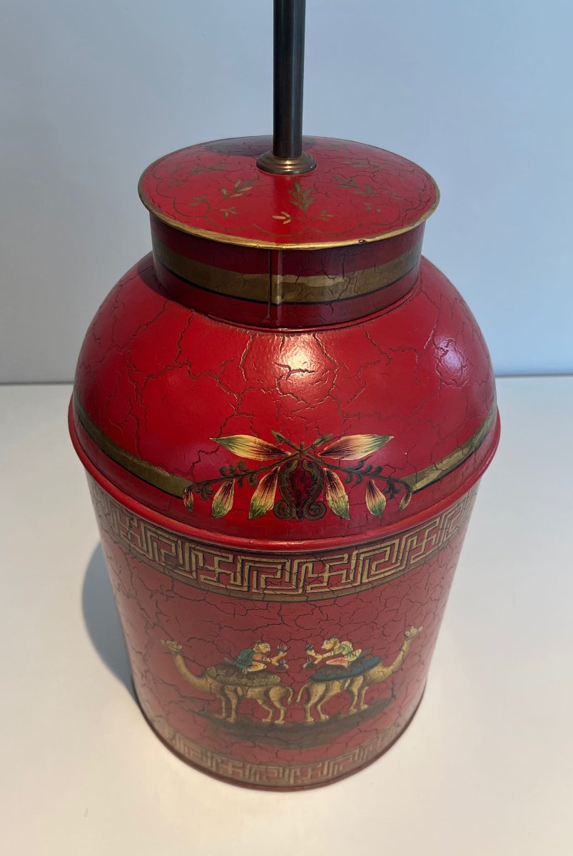 Red Painted Tole Lamp With Chinoiserie Decor, 20th Century.-photo-3
