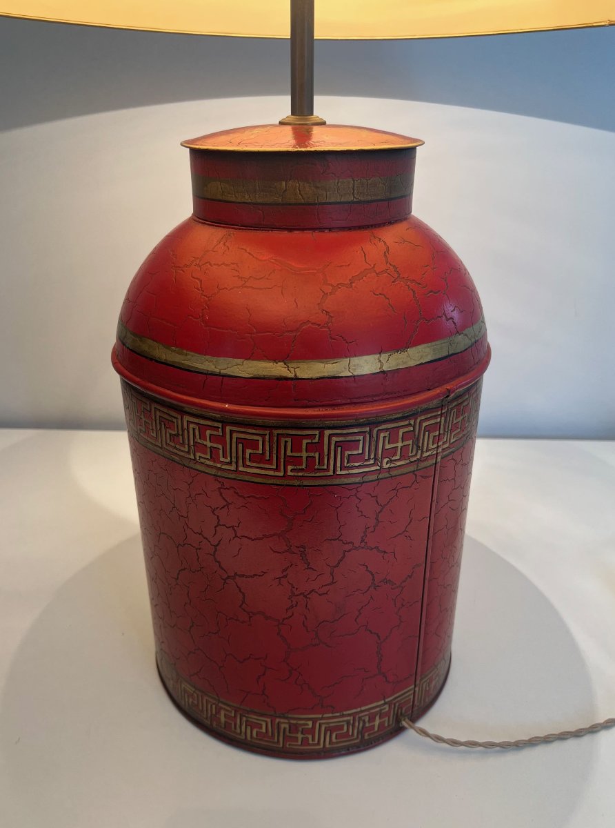 Red Painted Tole Lamp With Chinoiserie Decor, 20th Century.-photo-6
