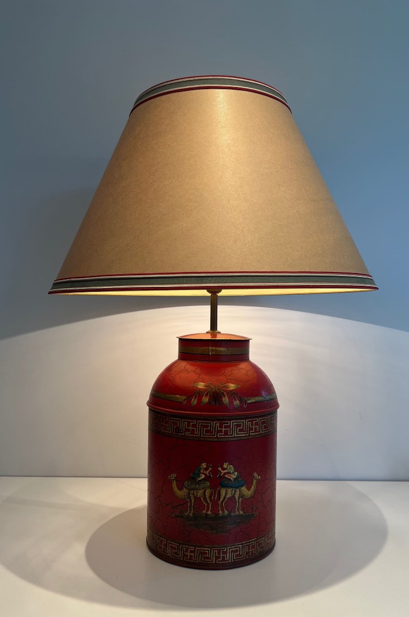 Red Painted Tole Lamp With Chinoiserie Decor, 20th Century.-photo-8